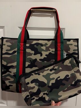 Ah-dorned Tote Bag with Pouch - Green/Black-Striped Handles